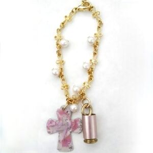 Metallic pink 9mm bullet  casing cross pearl gold vtg infinity ammo bracelet NWT